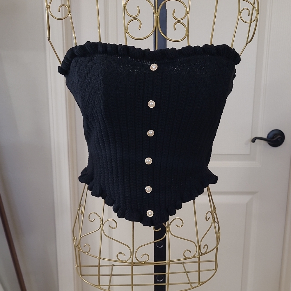 Elegant Black Strapless Cami Top with Pearl and Gold Button Accents Size M (6)